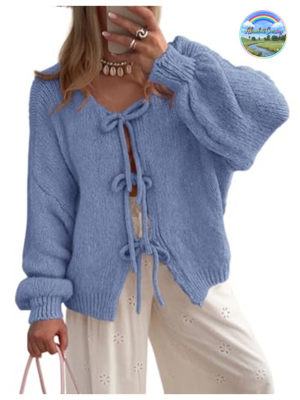 Tie Front Bow Cardigan Cable Knit Puff Sleeve Sweater
